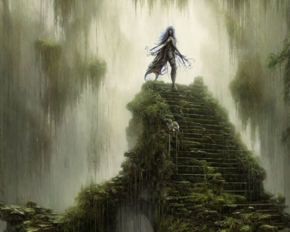 Long-Haired Figure on Moss-Covered Stairway in Ethereal Forest