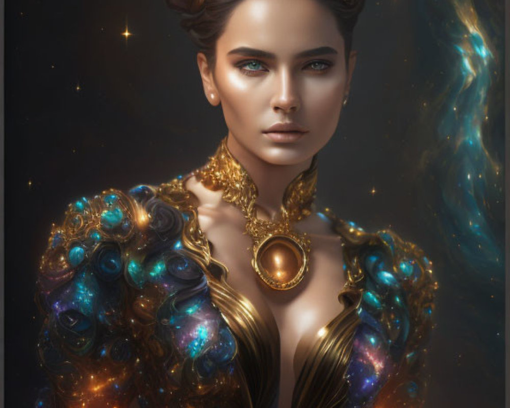 Celestial-themed digital artwork of a woman in galaxy attire