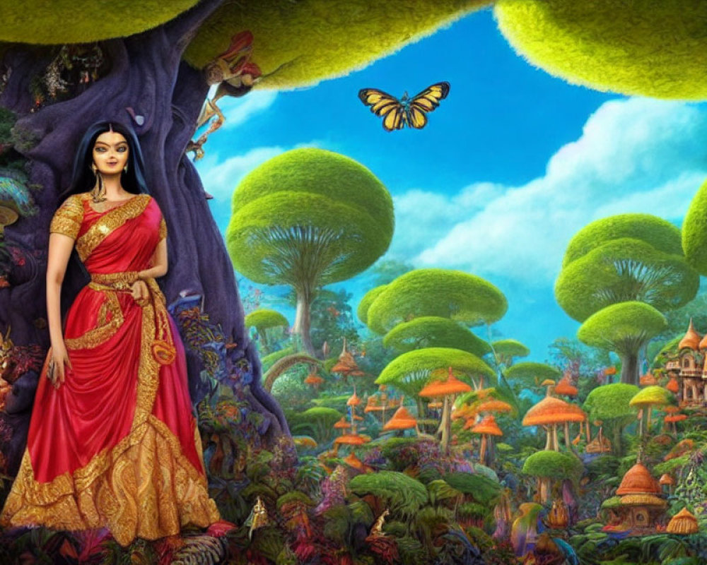 Woman in red sari in colorful, fantastical forest with animals and butterfly