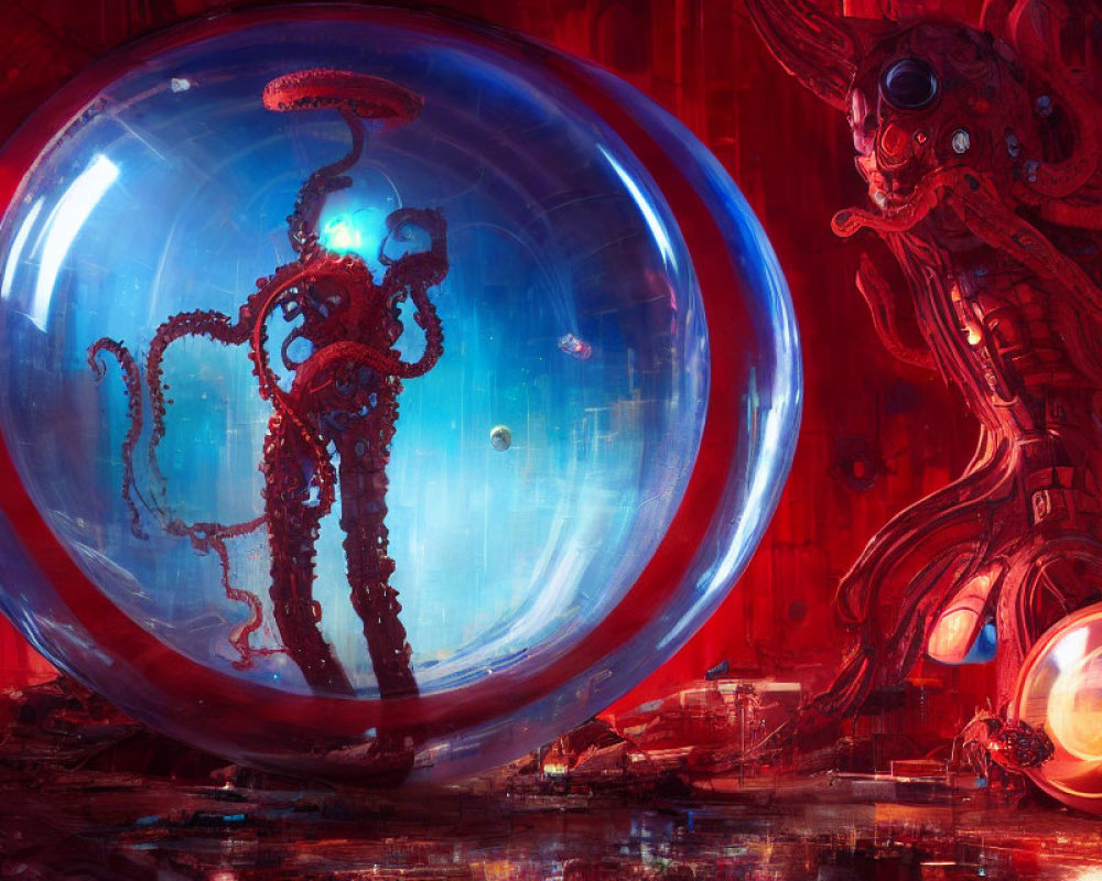 Surreal artwork featuring giant bubble and robotic elements