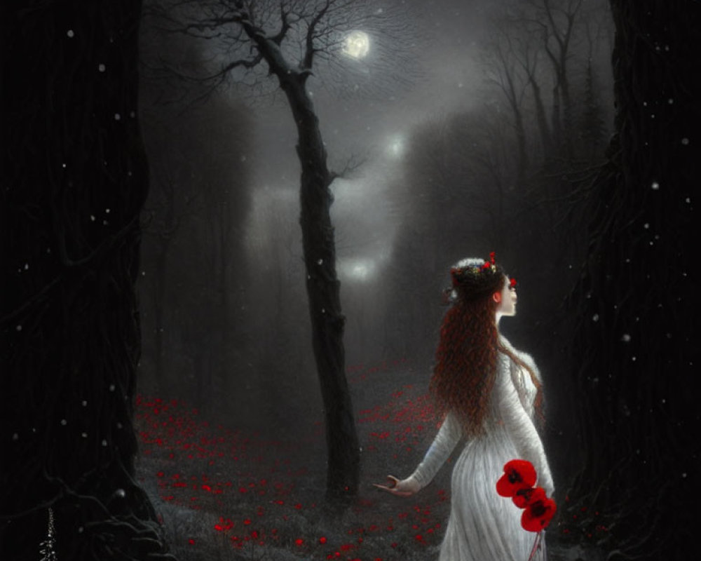 Woman in white with red flower crown in moonlit misty forest among red flowers and glowing light