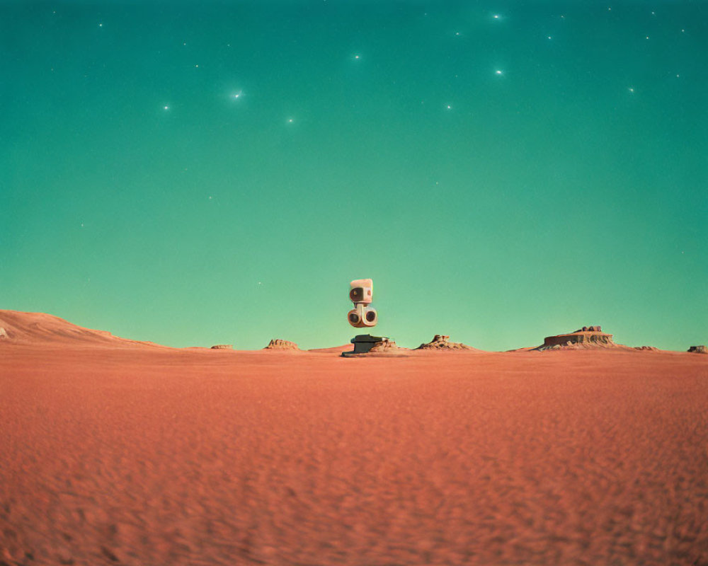 Mars rover in red Martian landscape with starry sky