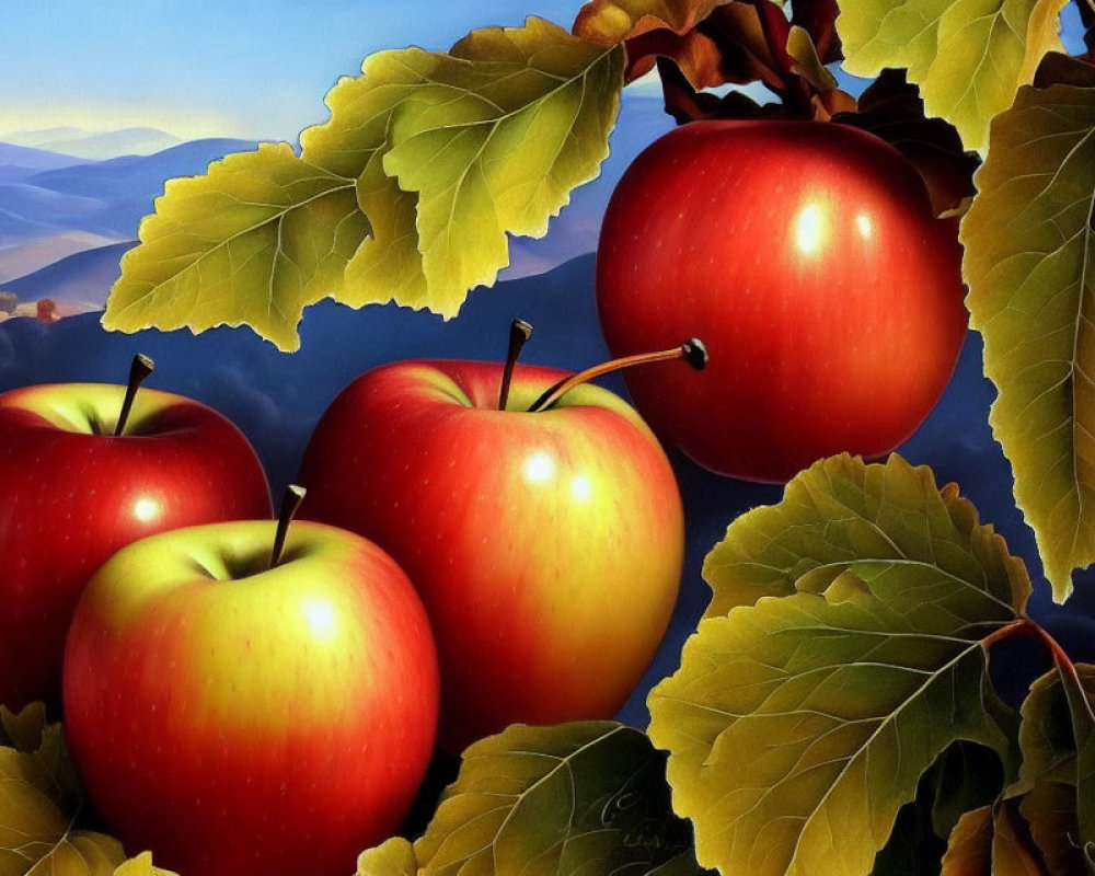 Fresh red apples on branch with green leaves against blue hills and serene sky