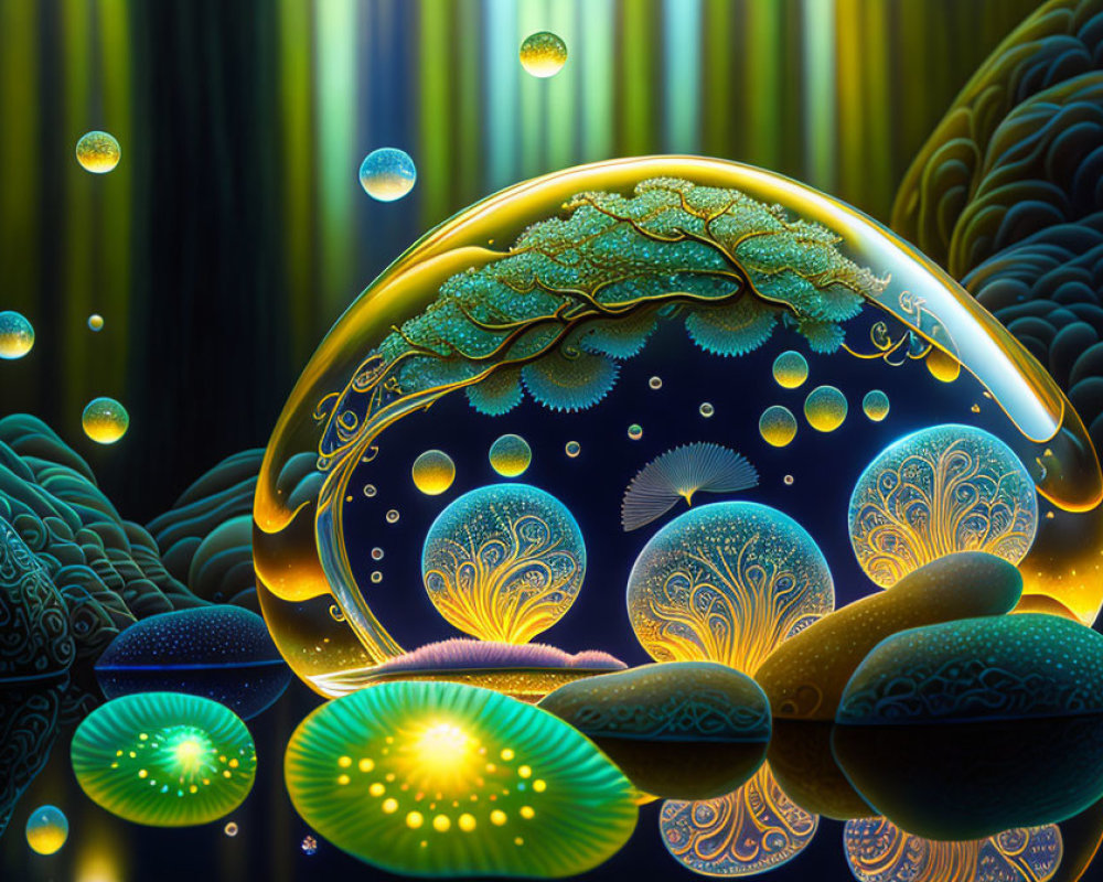 Colorful digital artwork: Glowing orbs, intricate patterns, dark background