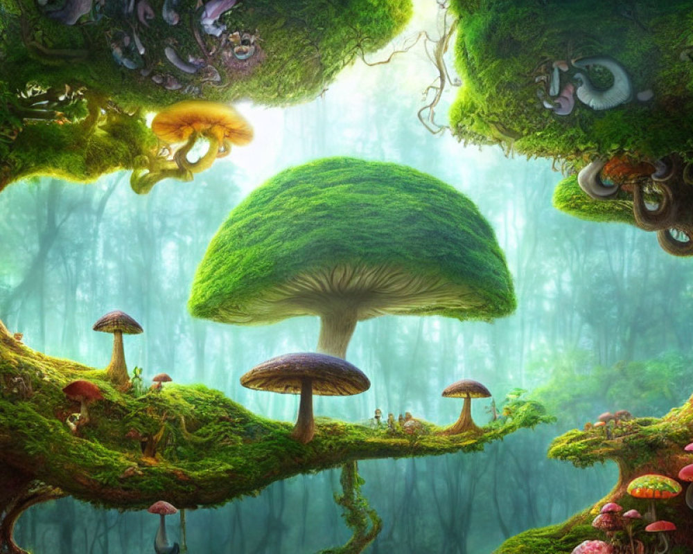 Enchanting forest scene with oversized mushrooms and vibrant green trees