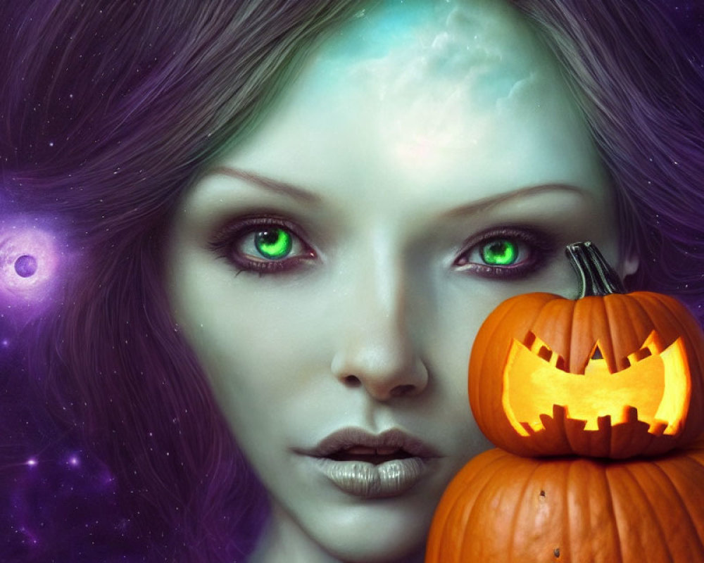 Mystical purple woman with green eyes holding jack-o'-lantern in cosmic setting