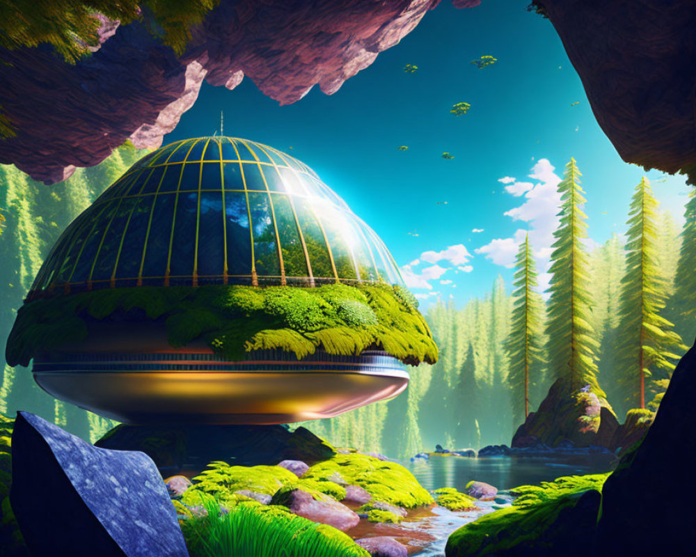 Futuristic dome structure with greenery in forested valley