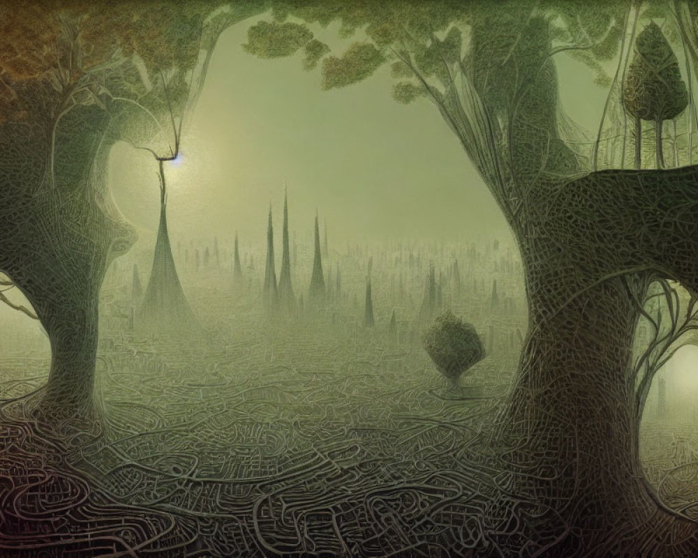 Mystical forest with elaborate trees and distant spire-filled city under greenish sky