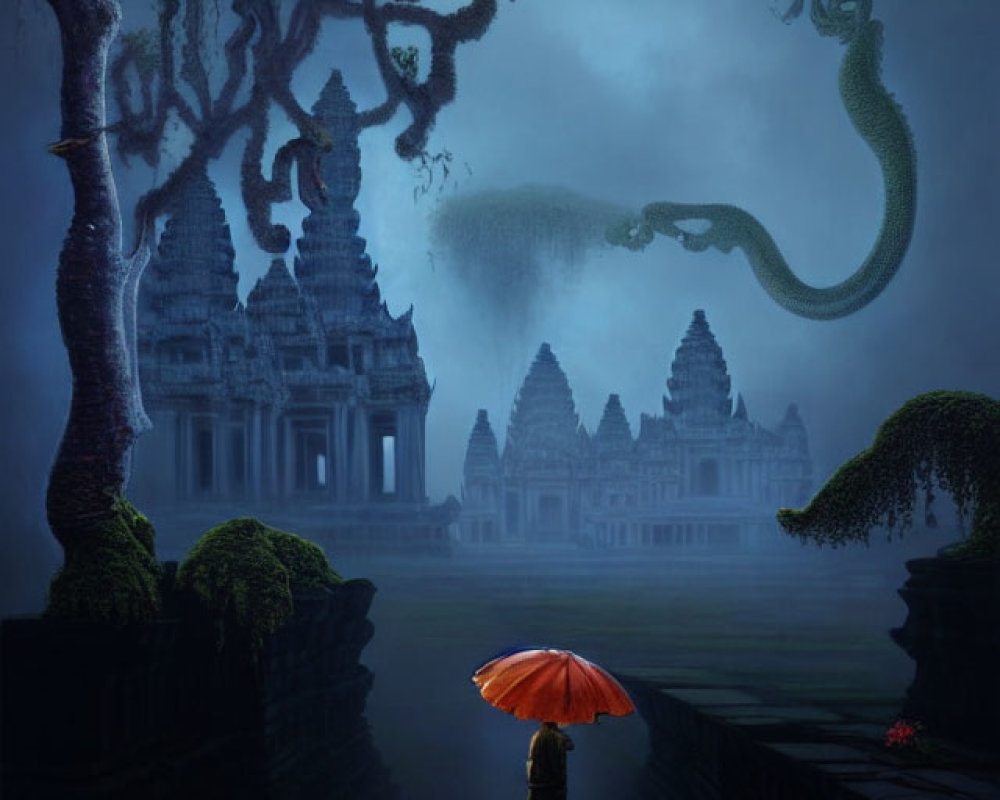 Person with red umbrella at misty ancient temple with green serpent.