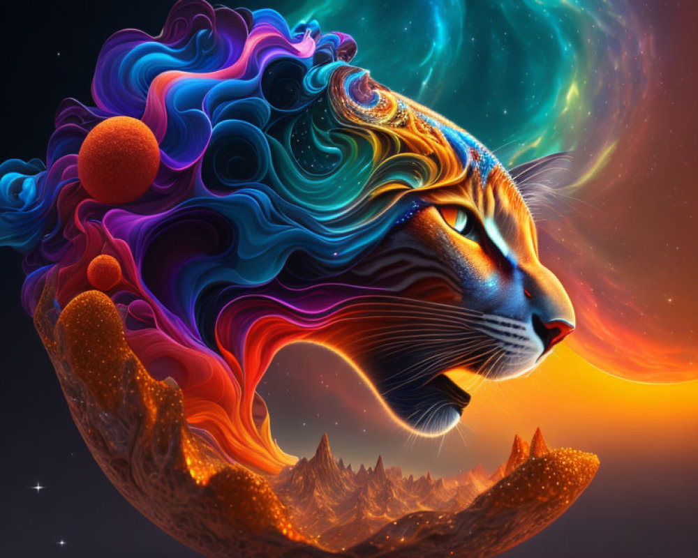 Colorful cosmic tiger illustration with stars and sunset horizon