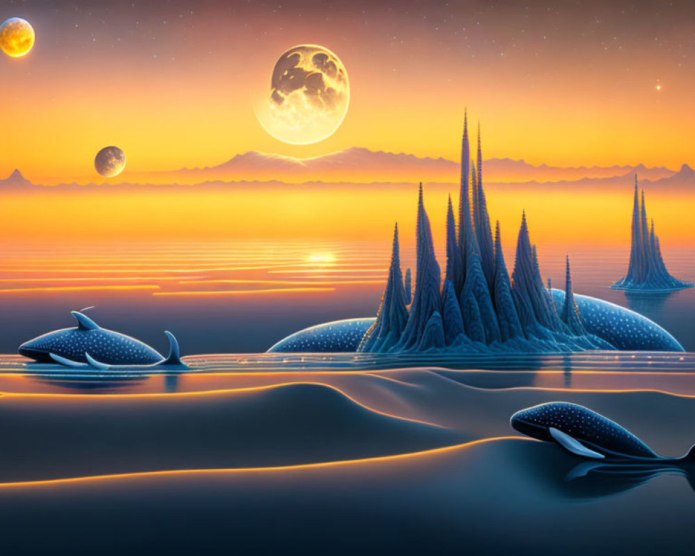 Fantasy landscape with floating whale-like creatures and crystal spires