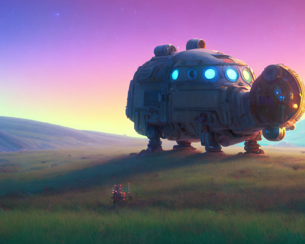 Glowing blue lights on spherical robot in meadow at sunset