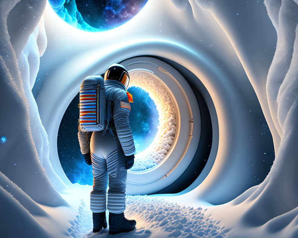 Astronaut in snowy landscape gazes at swirling galaxy through space portal