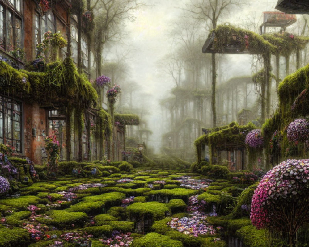 Mystical garden with vibrant flowers in foggy forest setting