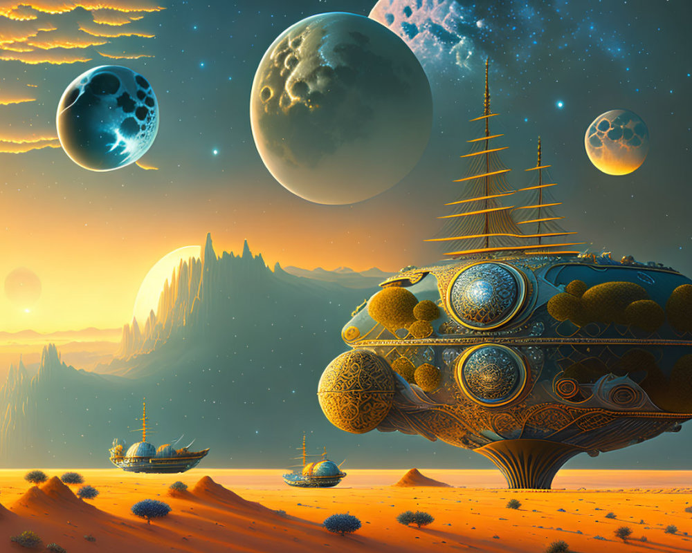 Sci-fi landscape with floating pagoda ships in desert terrain