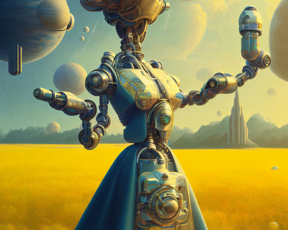 Futuristic humanoid robot in dramatic sci-fi landscape