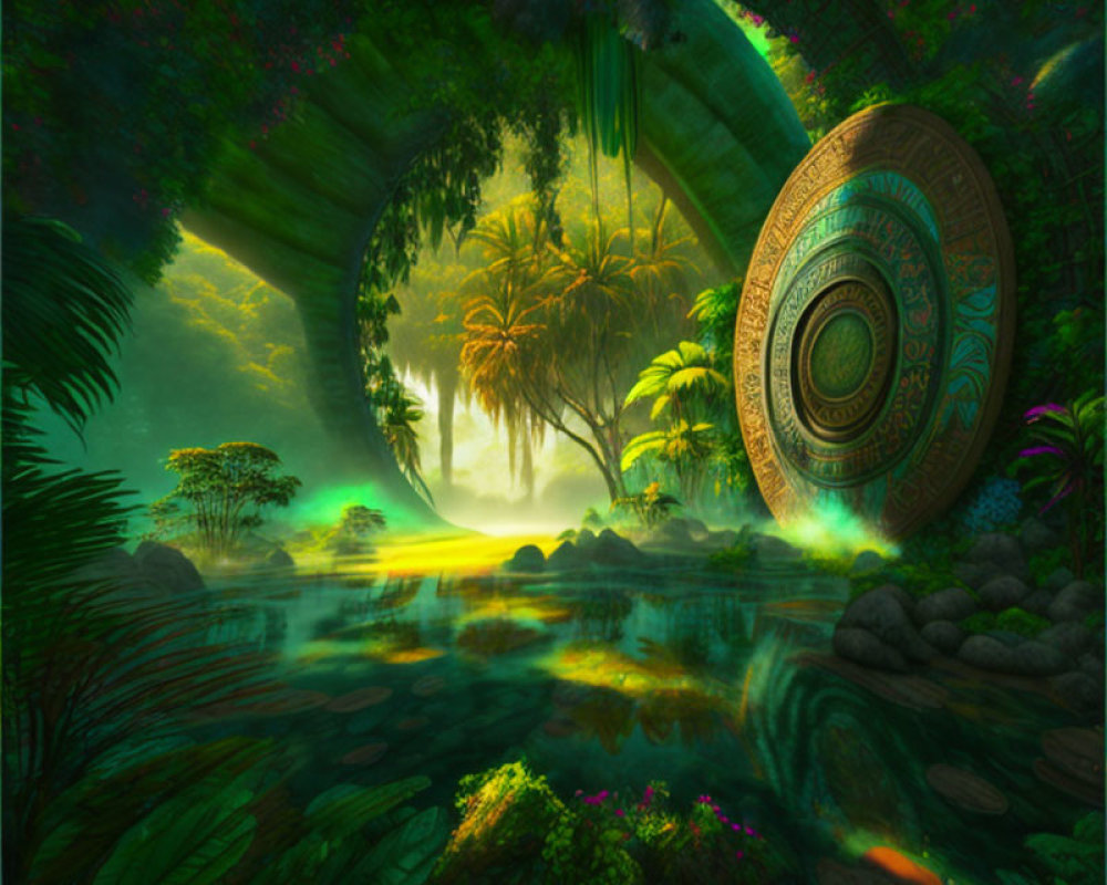 Mystical jungle with lush greenery, reflective water, golden disc, and ethereal light