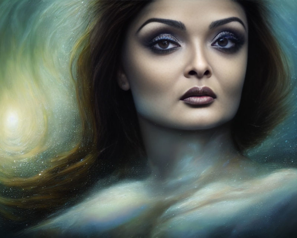 Surreal portrait of woman blending into swirling galaxy