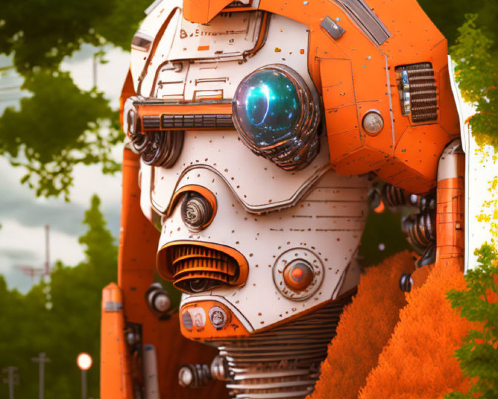 Orange and White Robot Head Emerging from Foliage with Blue Eye, Trees, and Car in Background