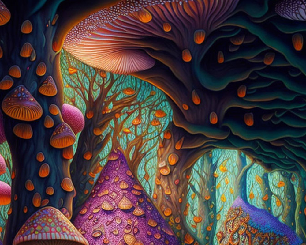 Fantastical mushroom forest illustration with diverse fungi