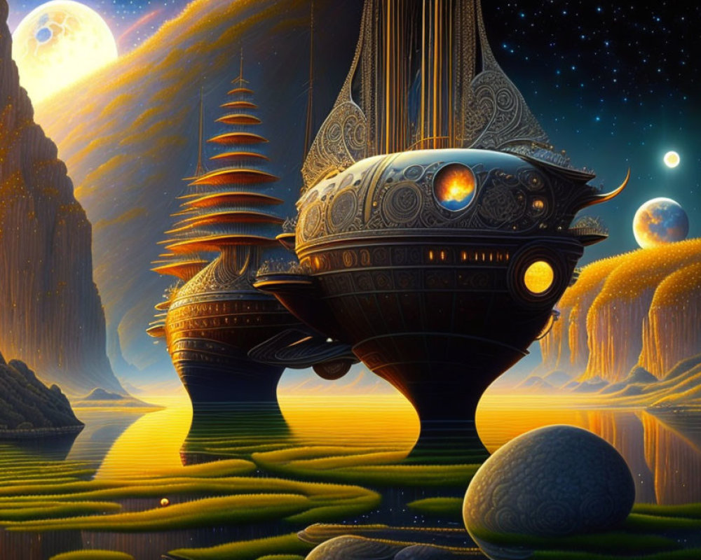 Fantastical landscape with spaceship-like buildings, moons, stars, warm light, terraced fields