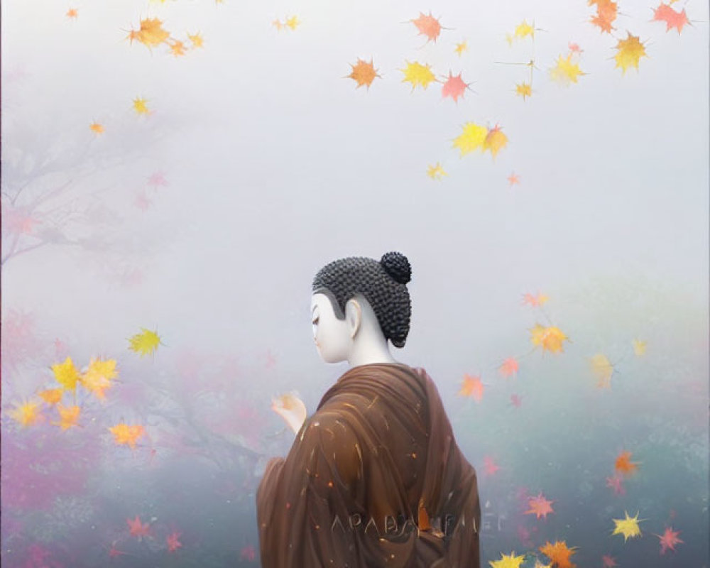 Person Admiring Autumn Leaves in Misty Landscape