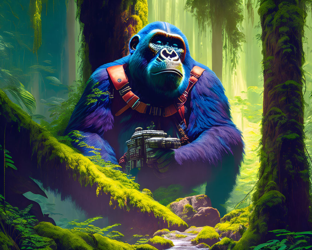 Blue gorilla with camera in mystical forest backdrop