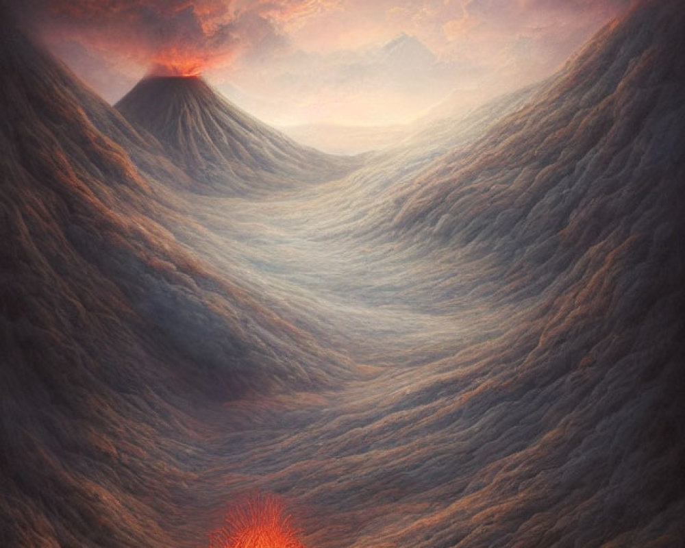 Volcanic landscape at dusk with glowing lava flows and misty mountains