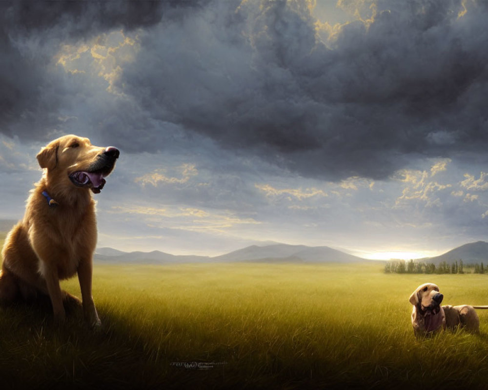 Golden retrievers in field with mountains and dramatic sky