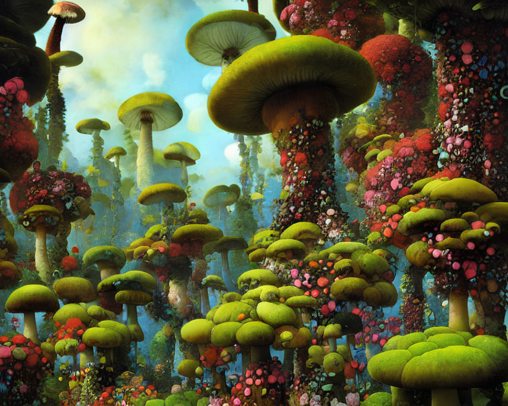 Colorful oversized mushrooms in a vibrant fantasy forest landscape