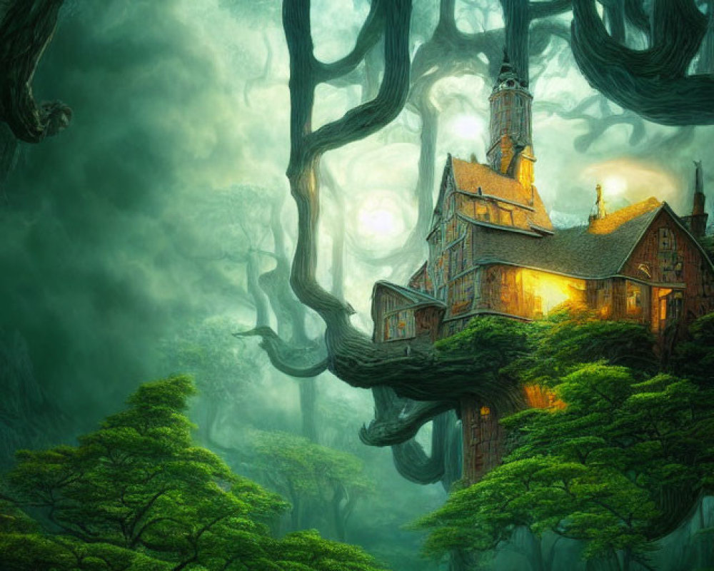 Old house on fantastical tree in eerie forest with swirling branches