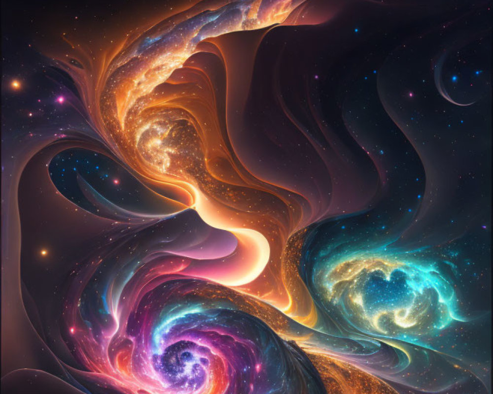 Vibrant cosmic illustration of swirling galaxies and nebulae