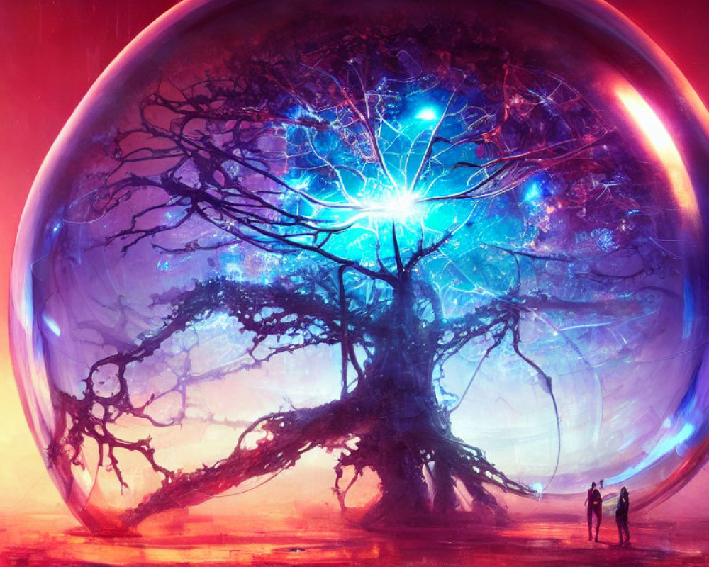 Fantastical glowing tree in transparent sphere with figures under pink sky