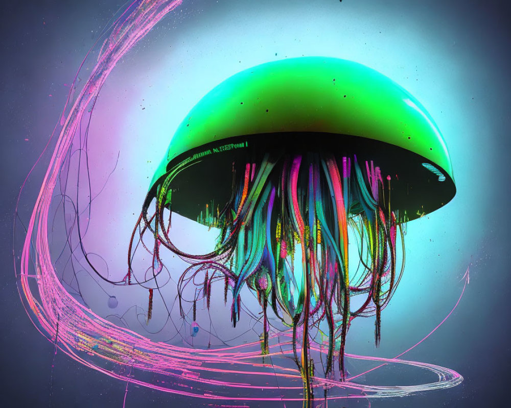 Colorful Neon Green Jellyfish Artwork on Moody Background