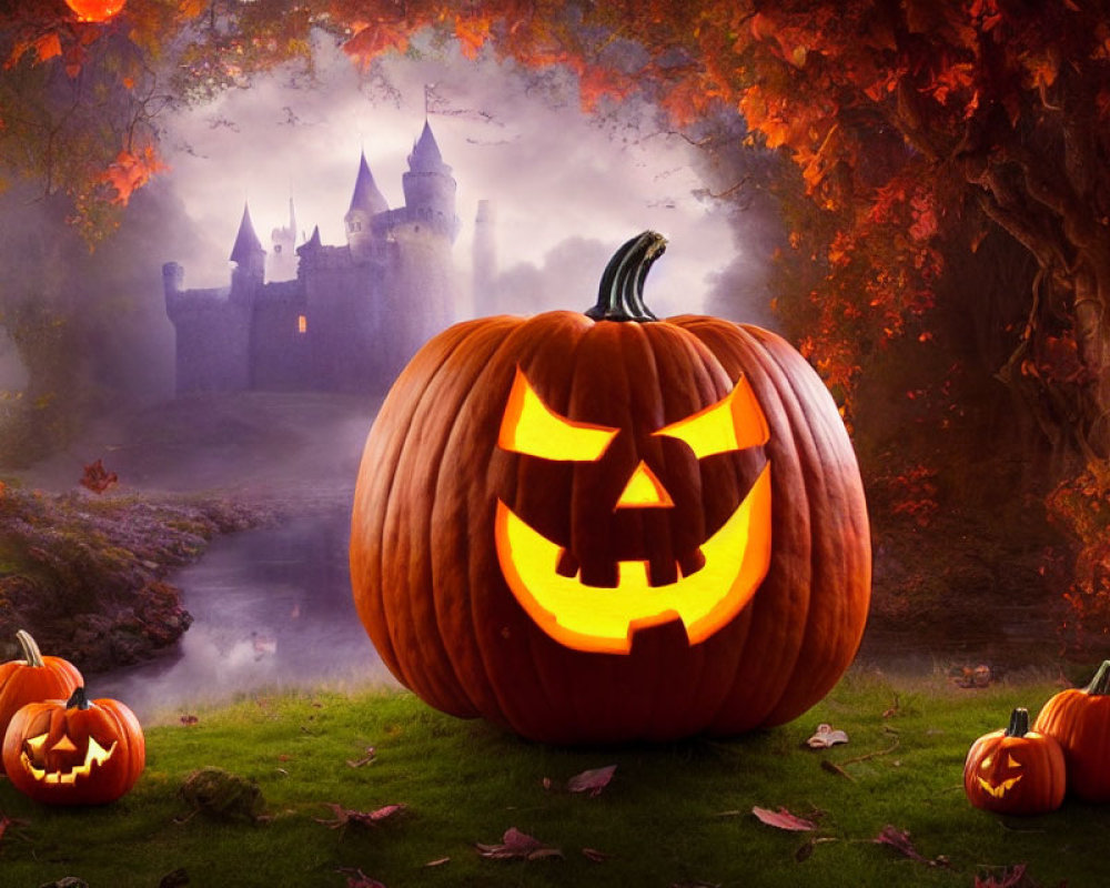 Spooky castle and carved pumpkins in misty Halloween scene