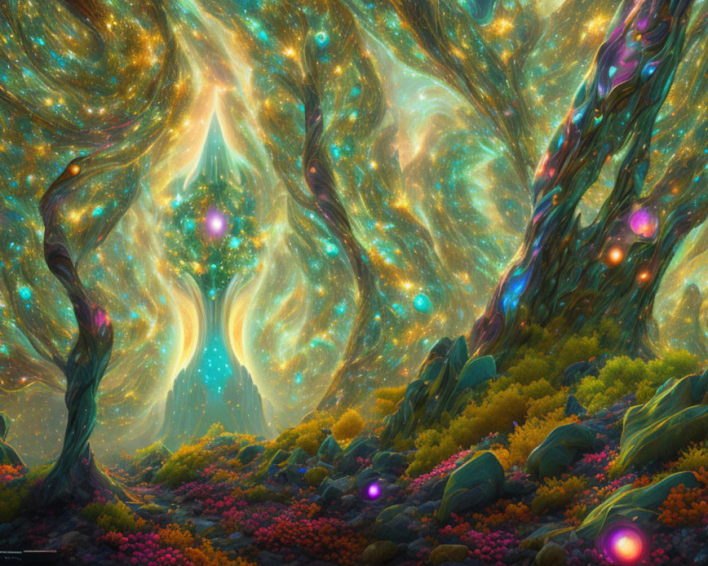 Enchanting forest with glowing orbs and vibrant flora under starry sky