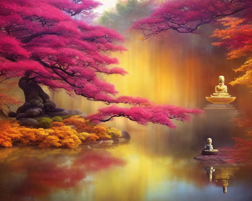 Tranquil autumnal landscape with Buddha statues by serene pond