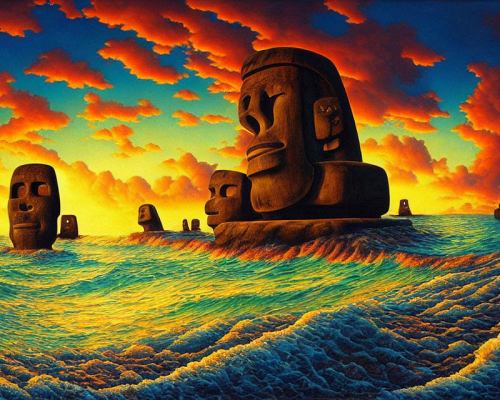 Easter Island Moai statues in ocean sunset scene