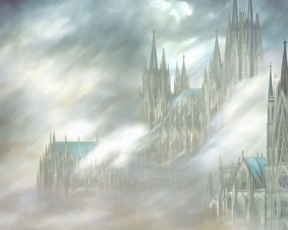 Mystical gothic cathedral in mist with towering spires under dramatic sky