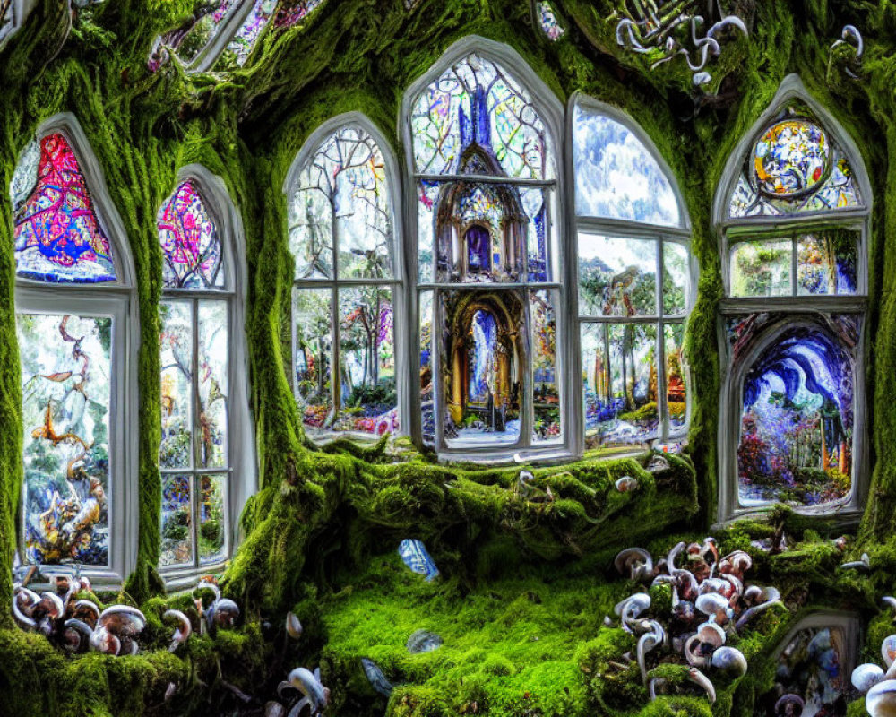 Fantastical room with stained glass windows, moss-covered walls, and mushrooms - an enchanted, other