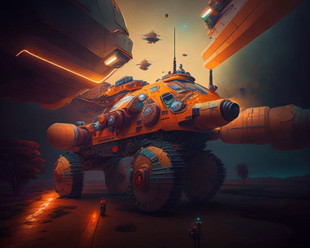 Futuristic hover vehicles and tank-like craft in alien landscape