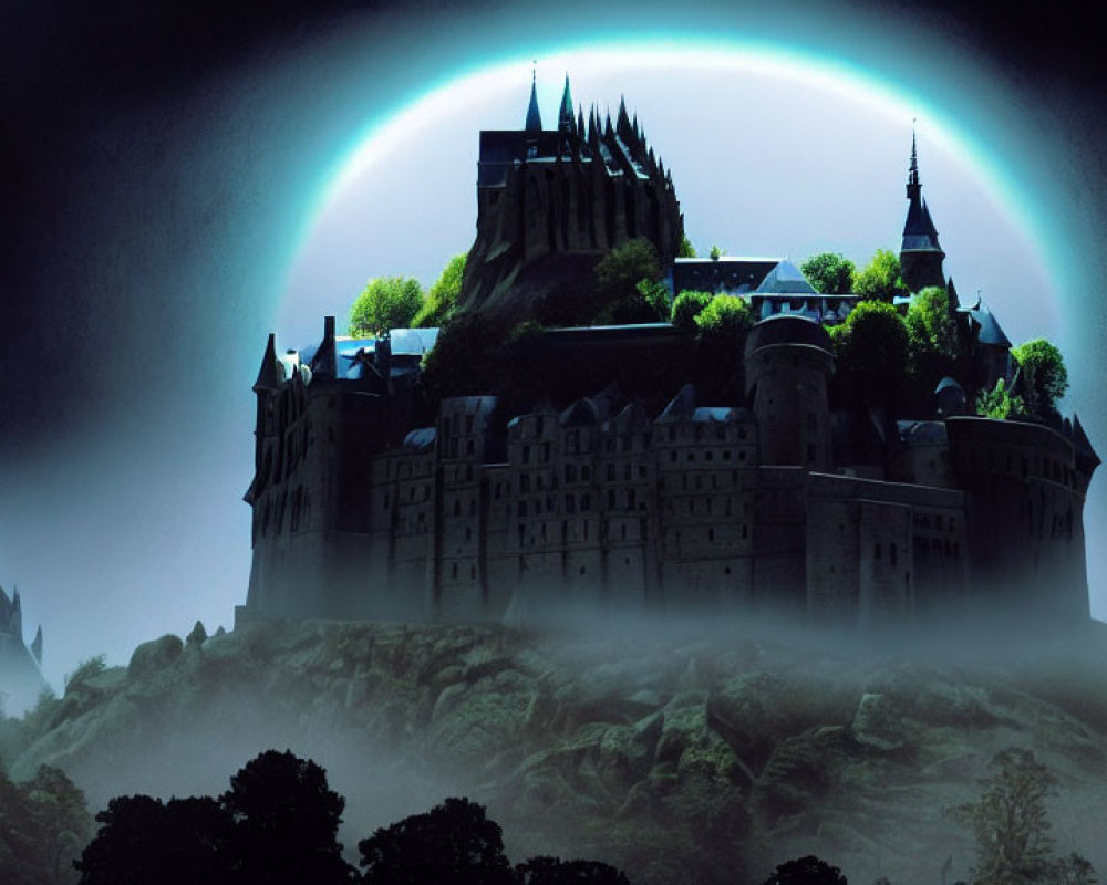 Ethereal castle on misty hill under night sky with aurora halo