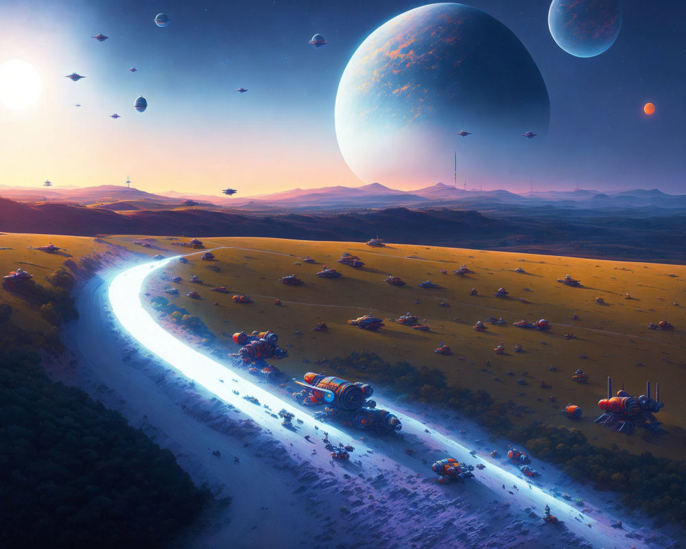 Futuristic desert landscape with convoy under starlit sky