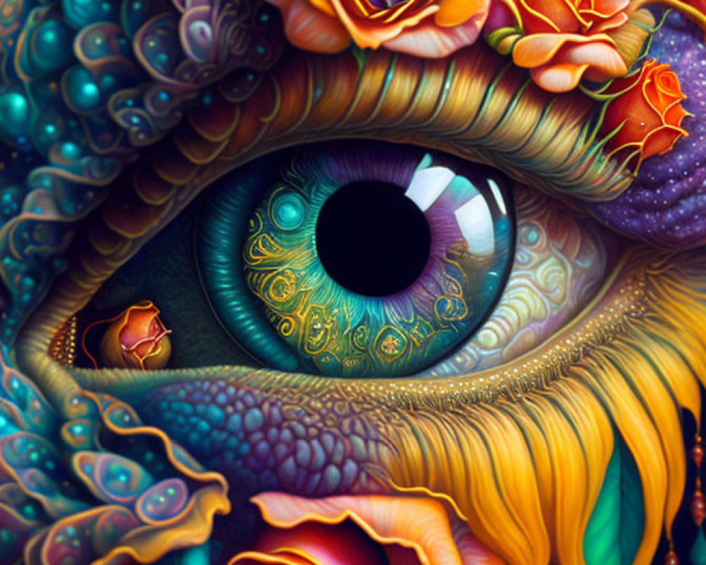 Detailed Eye Surrounded by Roses and Peacock Feathers Illustration