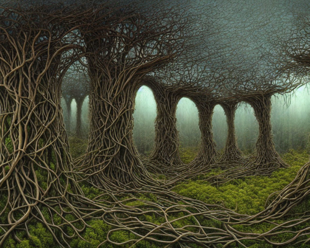 Dense, eerie forest with twisted tree roots and moss-covered archways