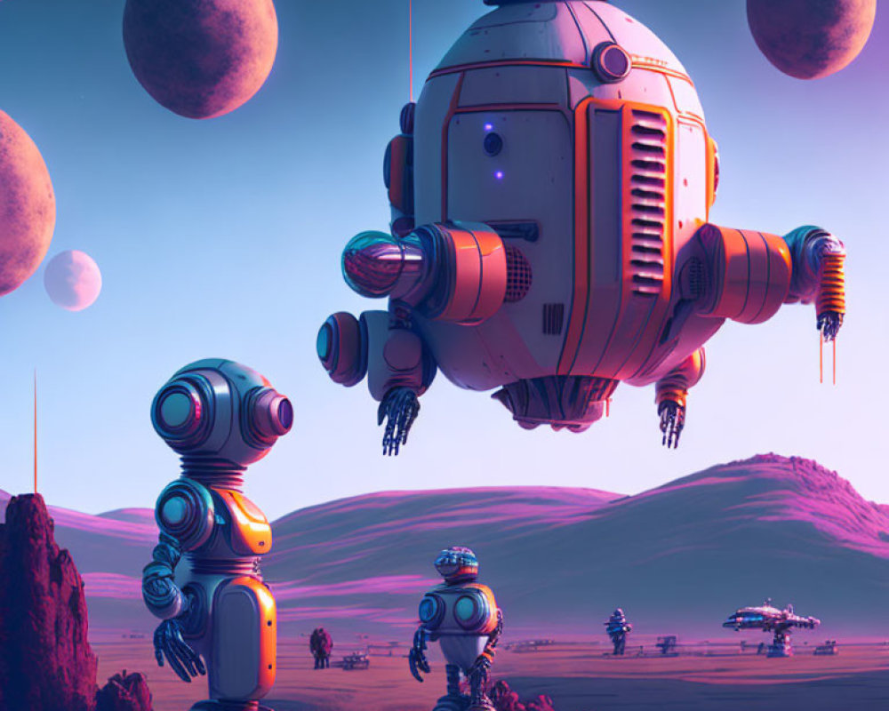 Futuristic scene with robots on alien planet, spaceship, moons