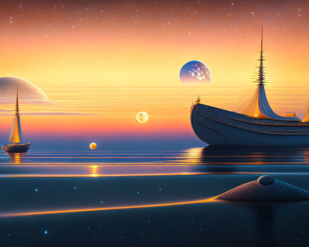 Surreal seascape with floating galleon-like boats under orange sky