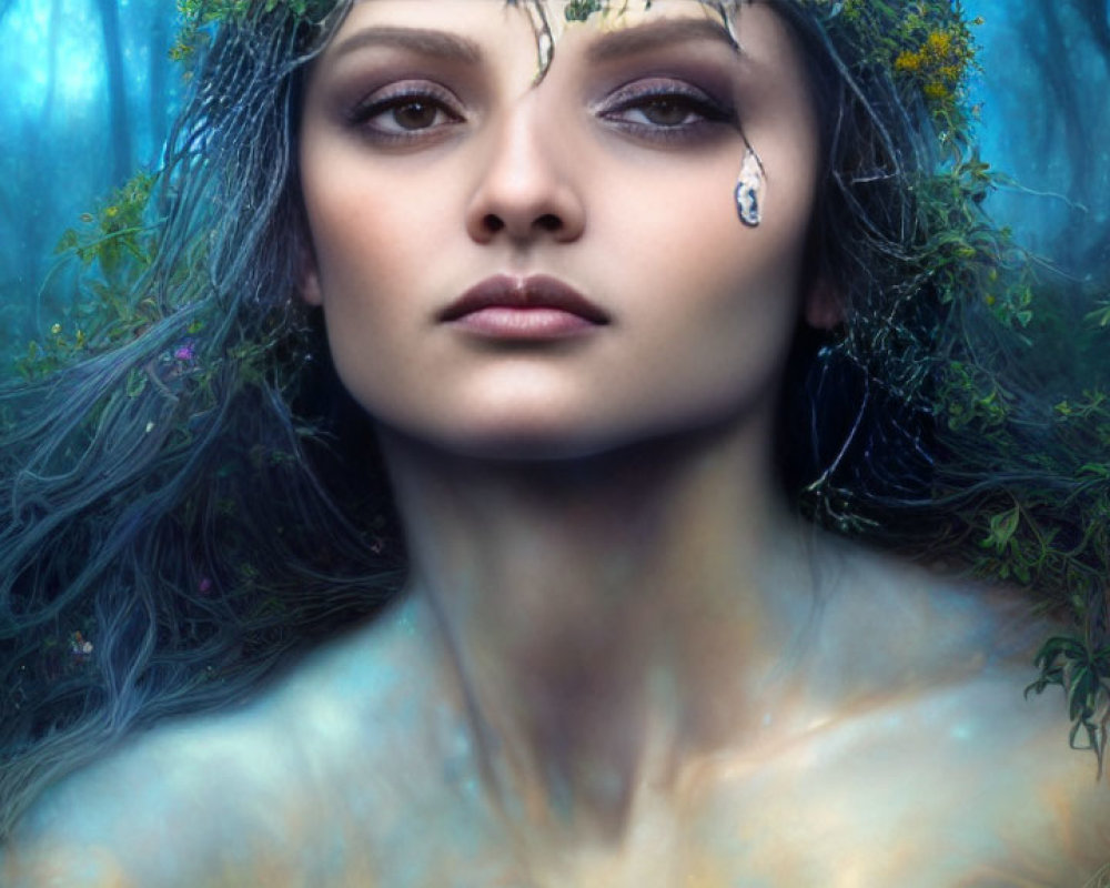 Mystical woman with ivy, crystal tear, and floral patterns in dreamy blue setting