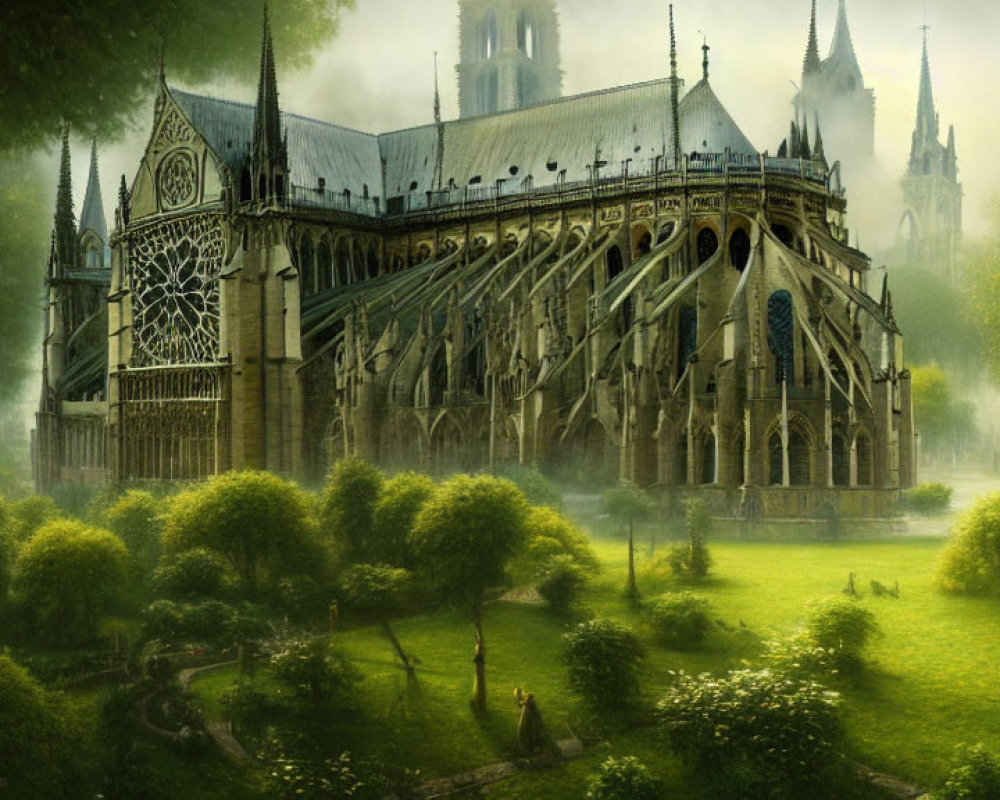 Gothic cathedral with intricate architecture in mystical setting