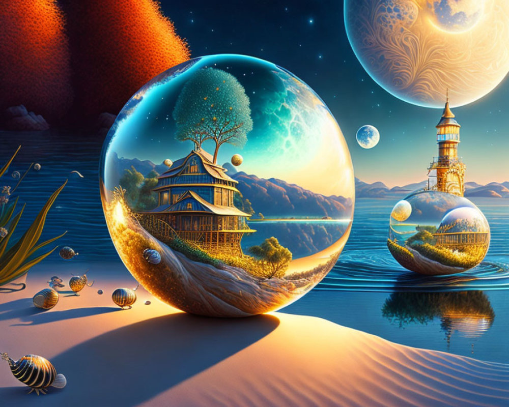 Surreal artwork: Crystal spheres with miniature landscapes on beach at night